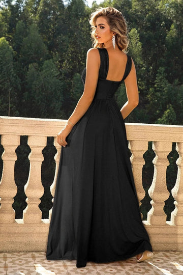 Noir Criss Cross Bretelles Une Ligne Longue Robe de demoiselle d’honneur avec Fente